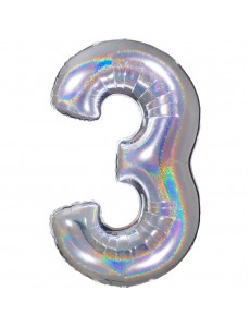 Balão Número 3 Prateado Holográfico